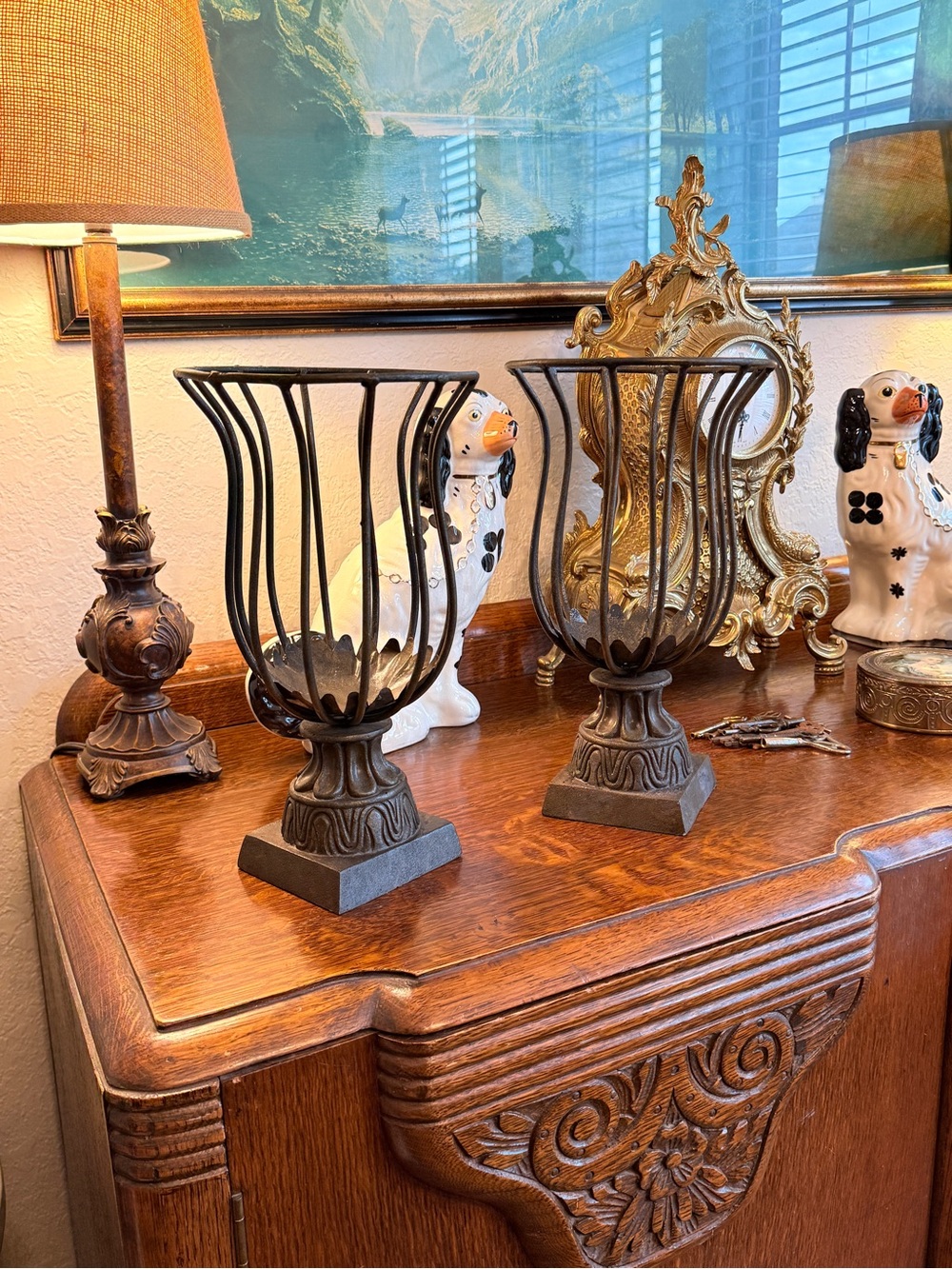 Vintage Rustic Elegance Openwork Metal Urn Pair Candle Holders - Picture 9 of 17
